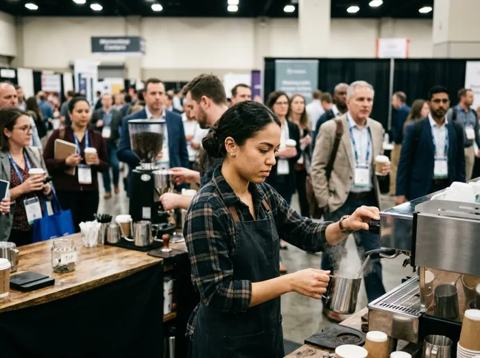 A barista steaming milk at a conference coffee station