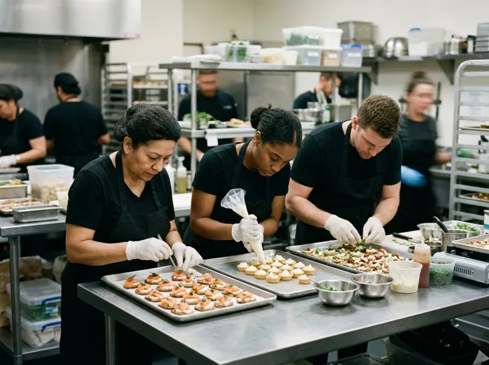 Catering assistants preparing canapés back of house