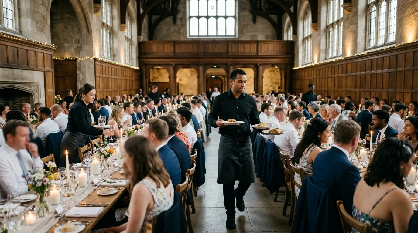 Waiting staff serving plated courses at a wedding banquet in a historic London hall