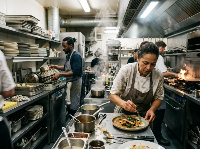 A chef plating food during service in a commercial kitchen