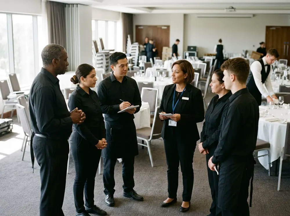 A supervisor briefing hospitality staff before an event